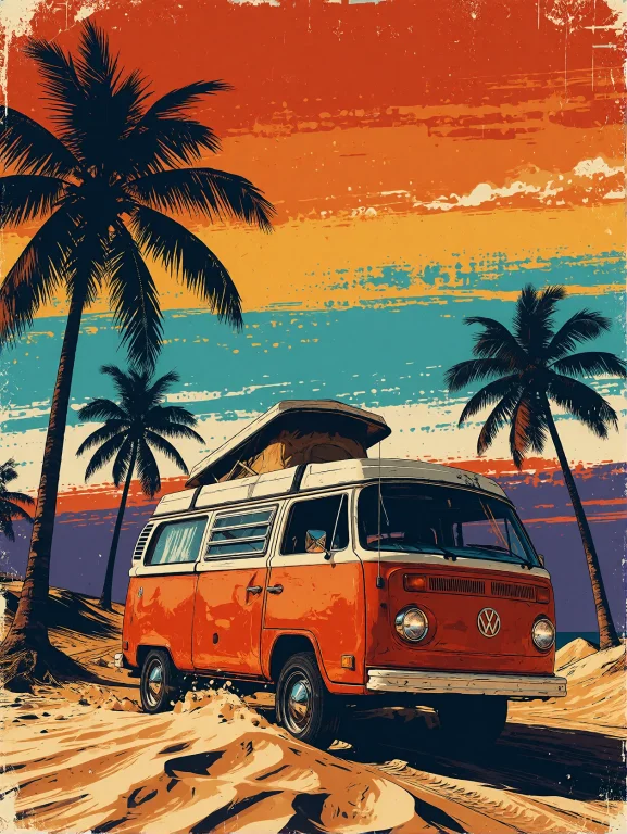 Retro Screen Print Illustration Of A Classic Vintage Camper...