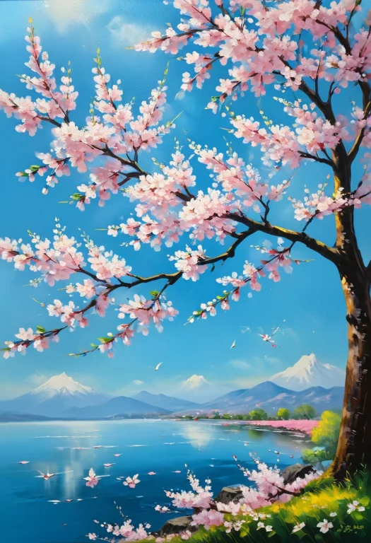 Oil Painting, Cherry Blossoms, Sky Blue, Flowers Pink, Natur...