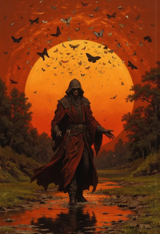 In The Fading Orange Glow Of Sunset, The Moth Wizard Walks T...