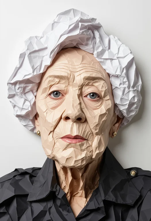 Crumpled Paper Art. In The Form Of An Older Woman. Her Face...
