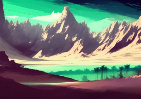Desert With A Green Oasis, Inkpunklandscapes7682 — Stable Diffusion AI Prompt: desert with a green oasis, InkPunkLandscapes768_2