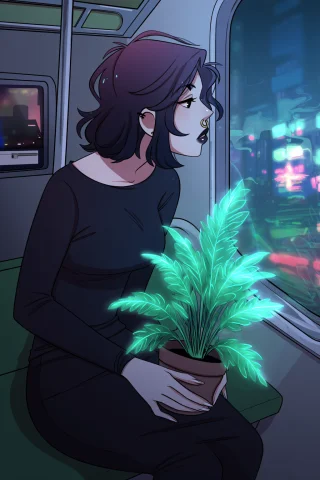 Gothic Woman on Subway Prompt — Stable Diffusion AI Prompt: highres, absurdres,@pookiesenpai A woman with short, wavy plum-colored hair, dar...