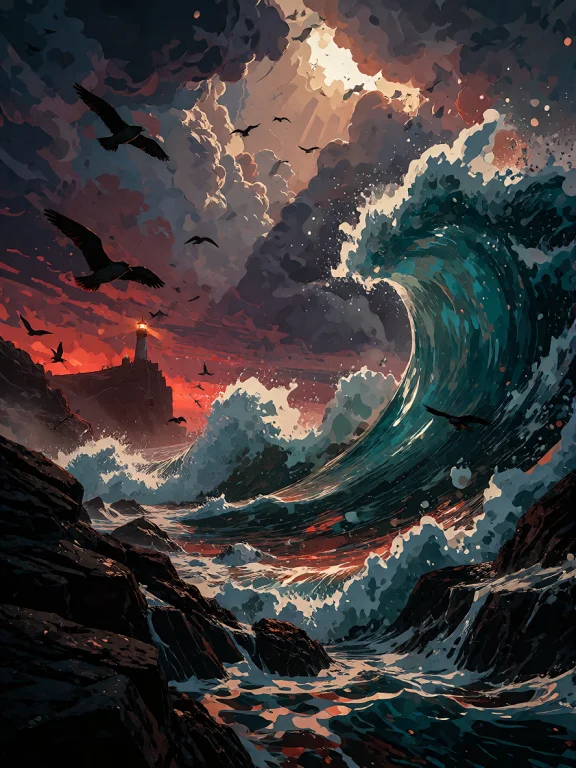 Neo-pop Cel-shaded Seascape, Enormous Waves Rising Like Monu...