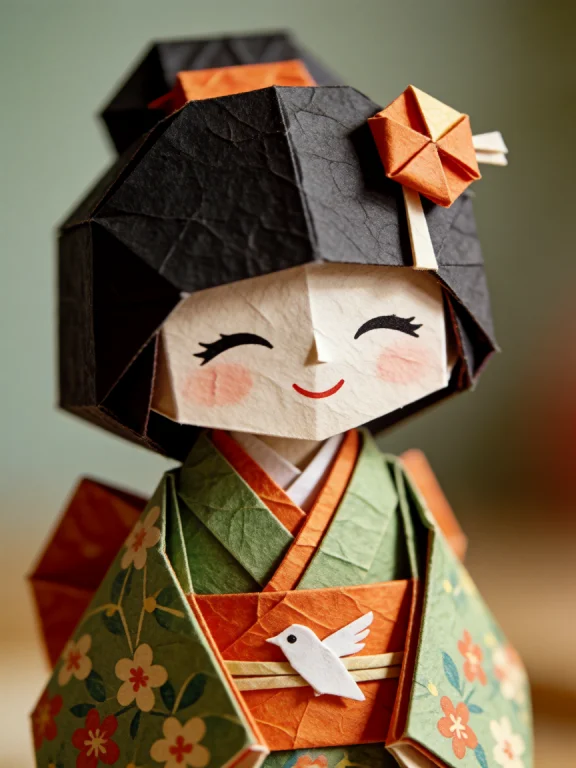 Cute 3d Origami Paper Doll Of A Japanese Girl With Closed Sm...