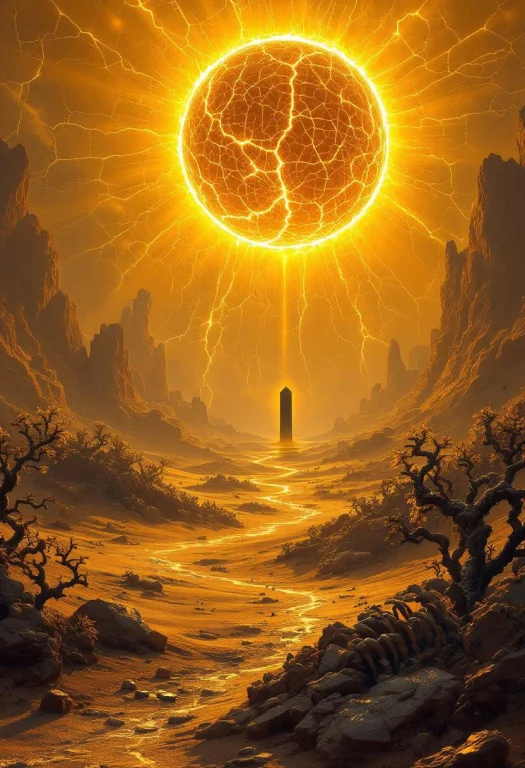 Beneath A Cracked, Glowing Sky, A Vast Plain Shimmers In Ete...