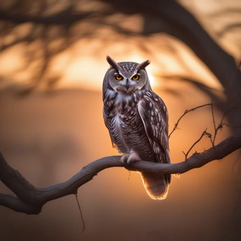 An Owl Perched On A Gnarled Branch At Dusk, Sunset Backlight...