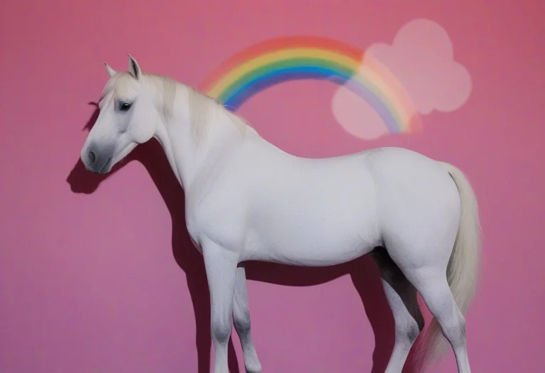 Ink Art, Silhouette Of A White Horse, Pink Background, Rainb...