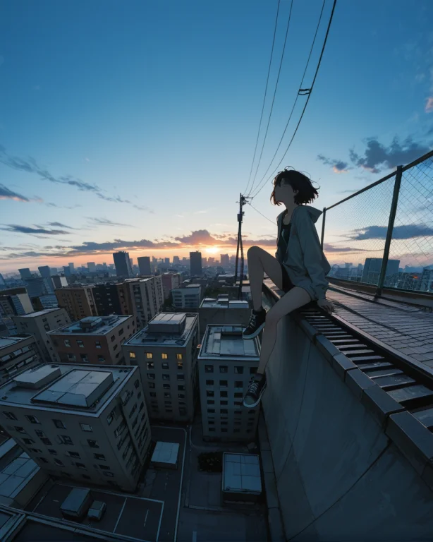 1girl, Casual Jacket, Outdoors, Sitting In A Rooftop Corner,...
