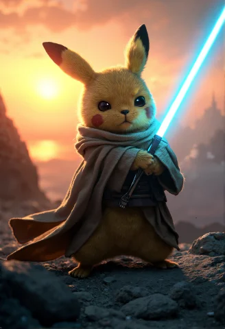 Photorealistic Pikachu Cosplaying As Luke Skywalker, Wearing... — FLUX AI Prompt: photorealistic Pikachu cosplaying as Luke Skywalker, wearing detailed Jedi robes...