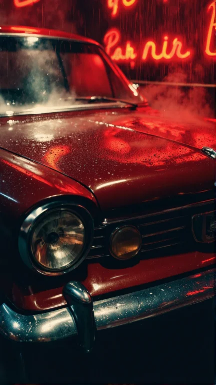 Close-up Of A Vintage Car Hood Under Heavy Rain, Droplets Ca...