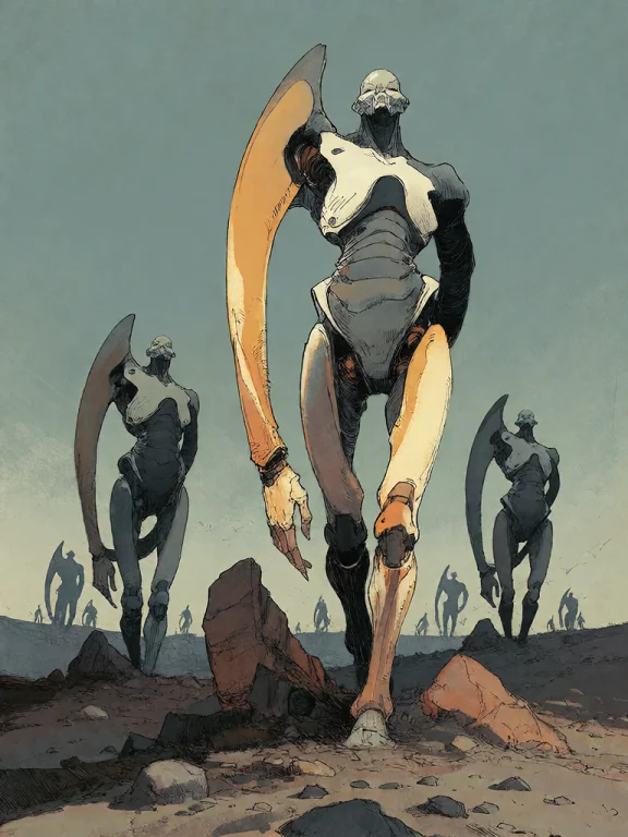 Bradhamel Art Style.the Image Depicts Three Towering, Biomec...