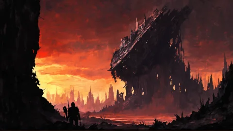 Imperial Starship Sunset Art — SDXL AI Prompt: Palette knife painting, the silhouette of a massive, derelict Imperial starship...