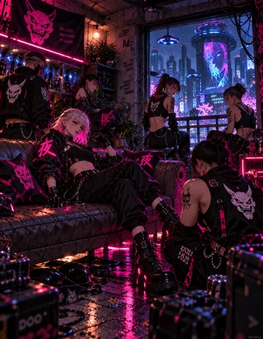 Loratraining2617621-202609221654466841 Z1os, Inner-city Gang... — Stable Diffusion AI Prompt: z1os, inner-city gang base in the heart of Neo Tokyo, adult street gang members...
