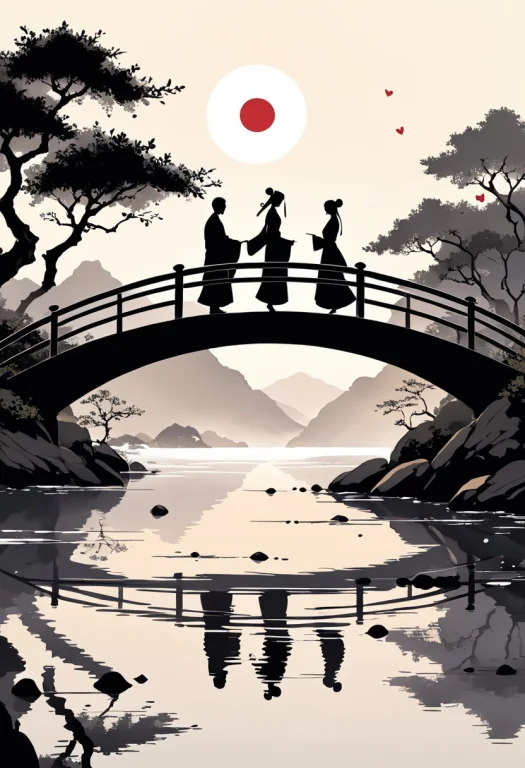 In Traditional Japanese Ink Brush Style, Queqiao Is Depicted...