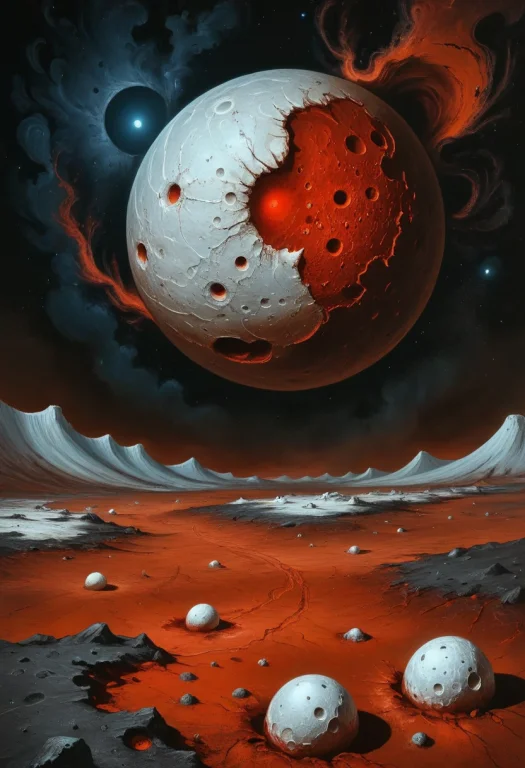 D4rkn355 Lunar Landscape, White Craters, Red Impacts, Dark B...