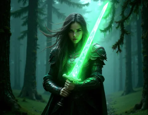 Realistic Female Warrior, Glowing Green Sword, Dark Enchante... — FLUX AI Prompt: realistic female warrior, glowing green sword, dark enchanted forest, wind blowi...