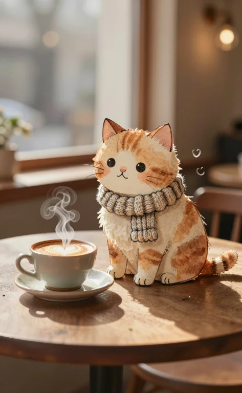 A Fluffy Orange Tabby Cat Wearing A Tiny Knitted Scarf, Sitt...