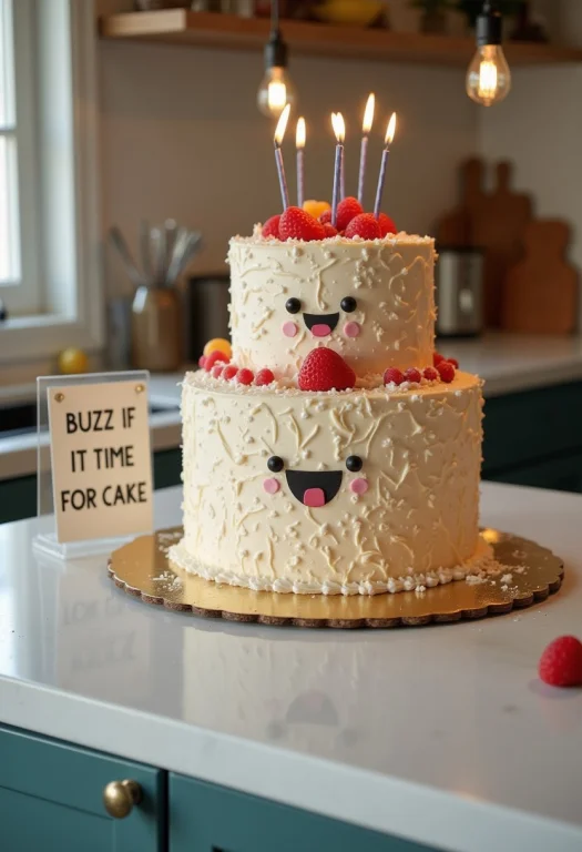 A Huge Birthday Cute Cake On A Clean Kitchen Counter, A Sign...