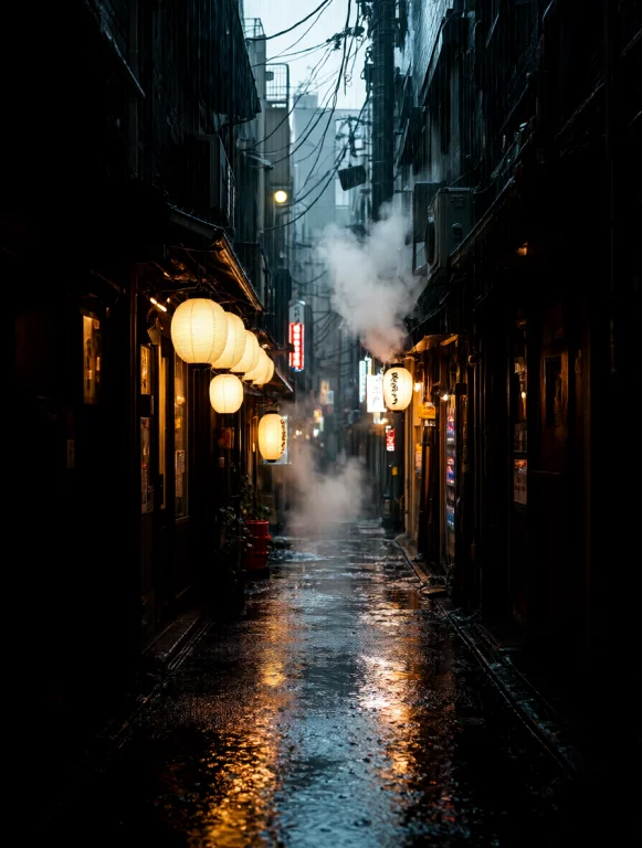 Cinematic Shot Of A Narrow Tokyo Alleyway In Heavy Rain, Glo...
