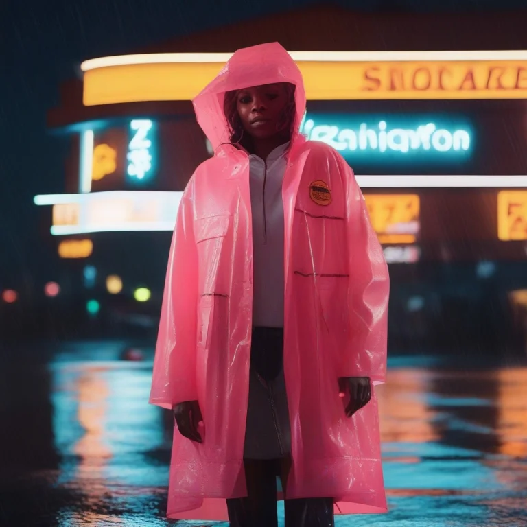 A Raincoat Glowing Under Wet Neon Signage, Documentary Photo...