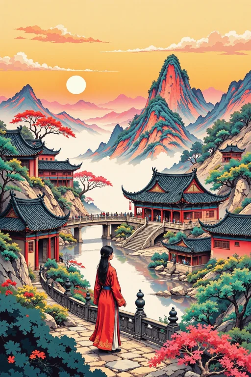 Beijing, China Beautiful Anime Landscape, Early Morning, Wom...