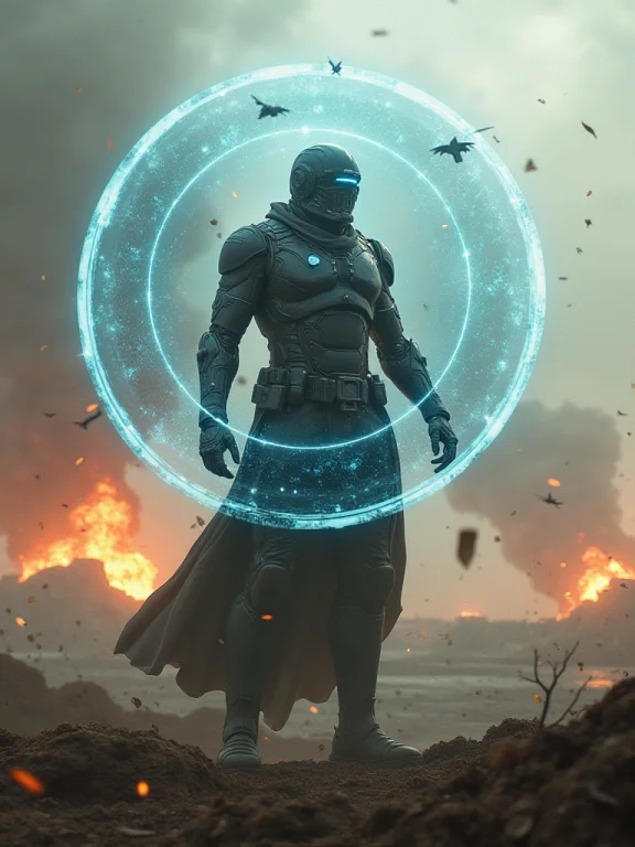 A Futuristic Warrior Standing Amidst A Battlefield, With A H...