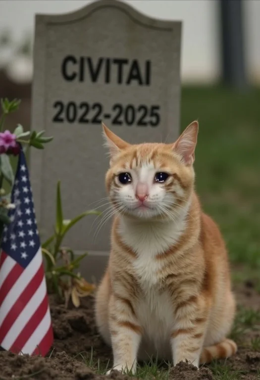 Realistic Photo Of Crying Cat At A Funeral, Gravestone That...
