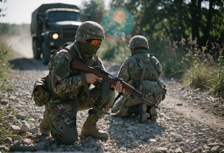 Two Soldiers Kneel On Gravel, Facing Away From The Viewer. I...