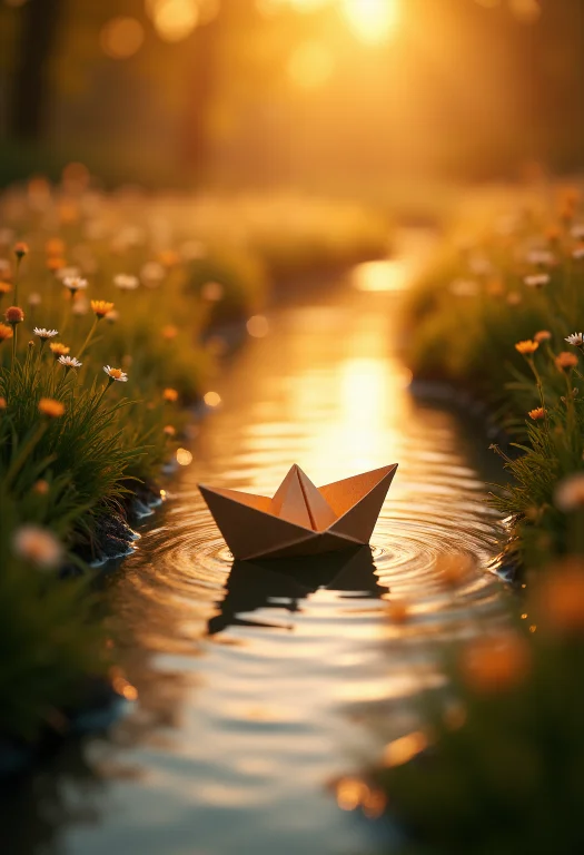 A Small Paper Boat Floating Gently Down A Narrow, Winding St...