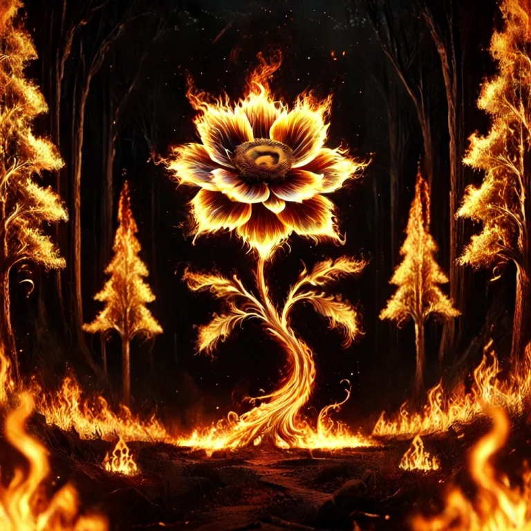 Generate An Image Of A Sunflower Made From Fire, Centered In...