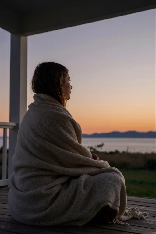 A Woman Sits Wrapped In A Soft Blanket On The Porch At Dusk,...