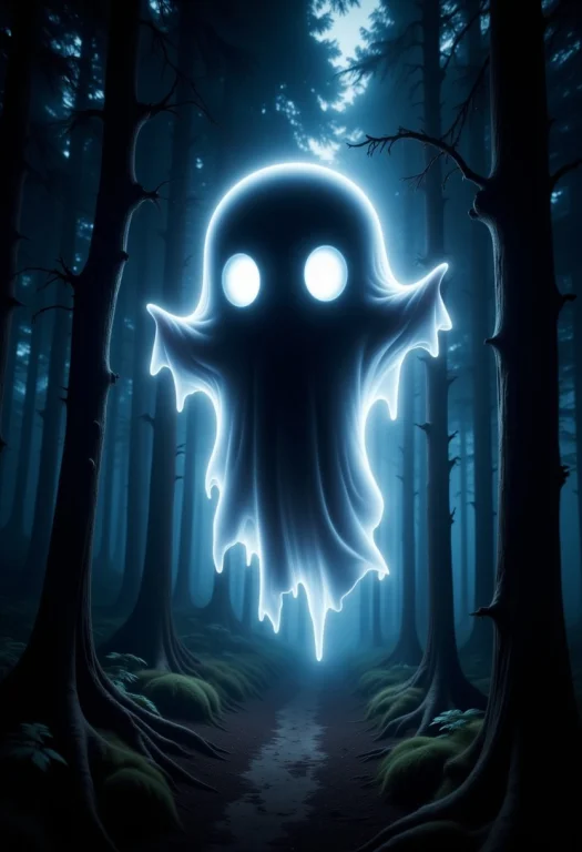 Cute Chibi Ghost With Huge Eyes Flyling Through A Dark Forre...