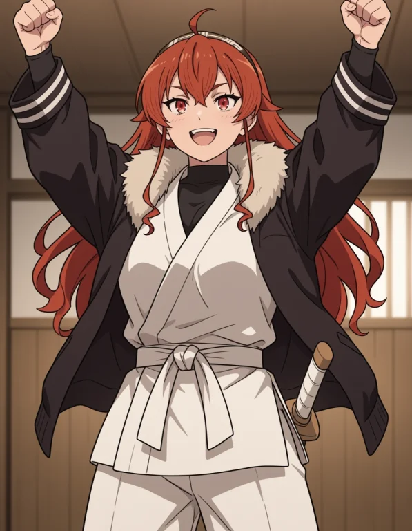 1girl, Happy, Wooden Sword On Waist, Dojo, Clenched Hands, A...
