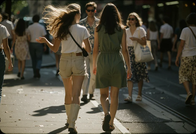Two Women Walk Side-by-side Away From The Camera Across A Su...