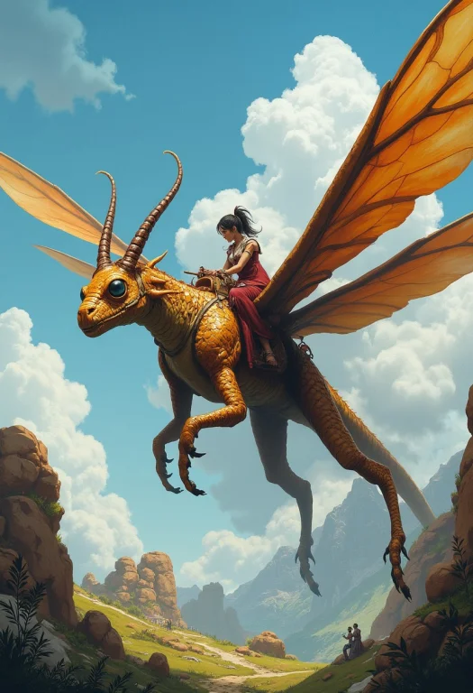 Fantasy Landscape, A Huge Dragonfly With A Human Sitting Ast...