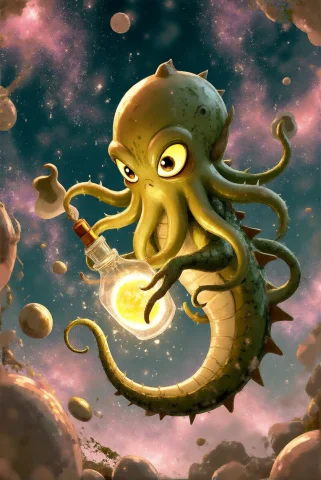 Vectorpaintdaal, Floating In A Vast Galactic Nursery, Chibi... — Stable Diffusion AI Prompt: VectorPaintDaal, Floating in a vast galactic nursery, chibi Cthulhu gently bottl...