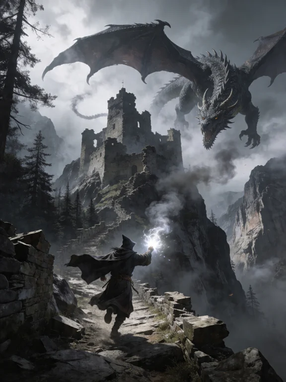 A Robed Wizard Runs Down A Steep Rocky Path Beneath A Ruined...