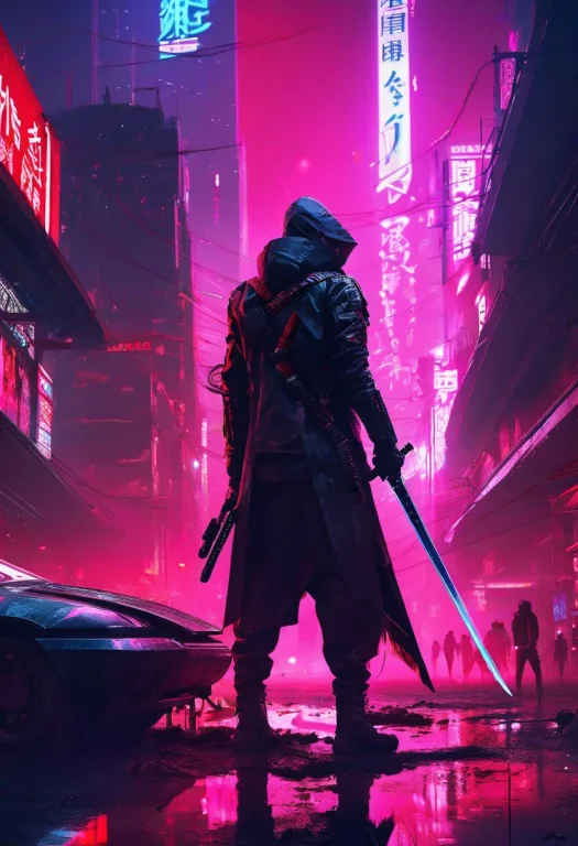 1man, Katana, Neon City, Futuristic Setting, Badass, Corpses...
