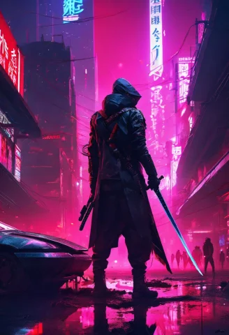 1man, Katana, Neon City, Futuristic Setting, Badass, Corpses... — SDXL AI Prompt: 1man, katana, neon city, futuristic setting, badass, corpses and blood on the gr...