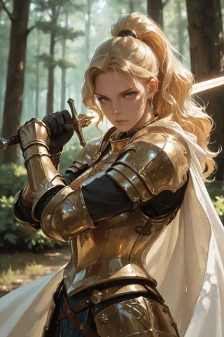 1girl, Weapon, Armor, Sword, Blue Eyes, Holding Weapon, Solo... — Stable Diffusion AI Prompt: 1girl, weapon, armor, sword, blue eyes, holding weapon, solo, blonde hair, holdi...