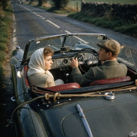 1950s England, An Open-top Sportscar Of The Period, Driving... — Stable Diffusion AI Prompt: 1950s England, an open-top sportscar of the period, driving along a country lane...