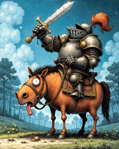 Toondaal, A Knight In Heavy Armor Riding On A Tiny, But Fat... — Stable Diffusion AI Prompt: ToonDaal, A knight in heavy armor riding on a tiny, but fat horse with whimsical...