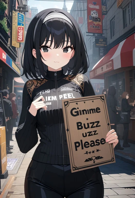 Woman Holding A Sign That Says Gimme Buzz Please 3 Text Logo...