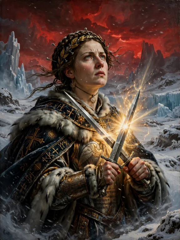 A Female Warrior Priestess Channeling Holy Powers, Holding T...