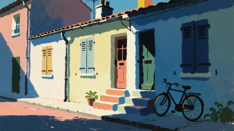 A Row Of Flat-roofed Houses With Closed Shutters Along A Nar...