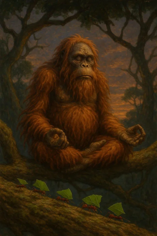 Ancient Primordial Orangutan Meditating On A Tree Branch At...