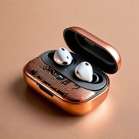 Loratechcircuitcopperv10.80, Techcircuit, A Wireless Earbuds... — SDXL AI Prompt: , techcircuit, a wireless earbuds case on a surface with subtle copper circuit-b...