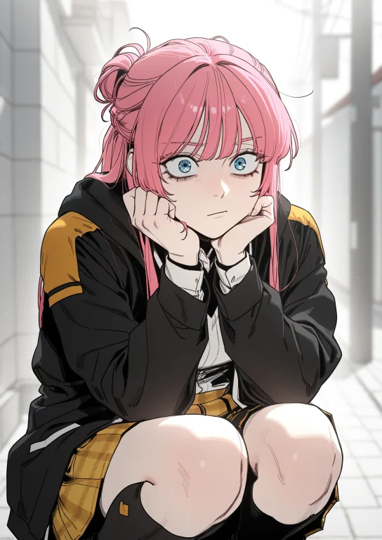 1girl, Solo, Hands Resting On Knees, Squatting Down To Look...