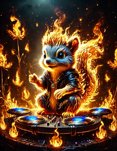Dj Squirrels At A Rave Flamestyle, All Made Of Fire And Flam... — SDXL AI Prompt: DJ Squirrels at a rave flamestyle, all made of fire and flames, lazypos, > 