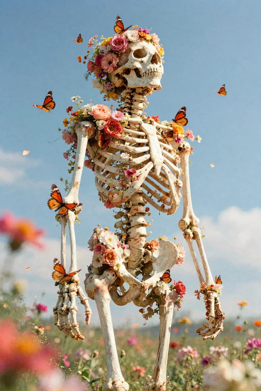 Subject  Composition The Image Depicts A Human Skeleton Stan...